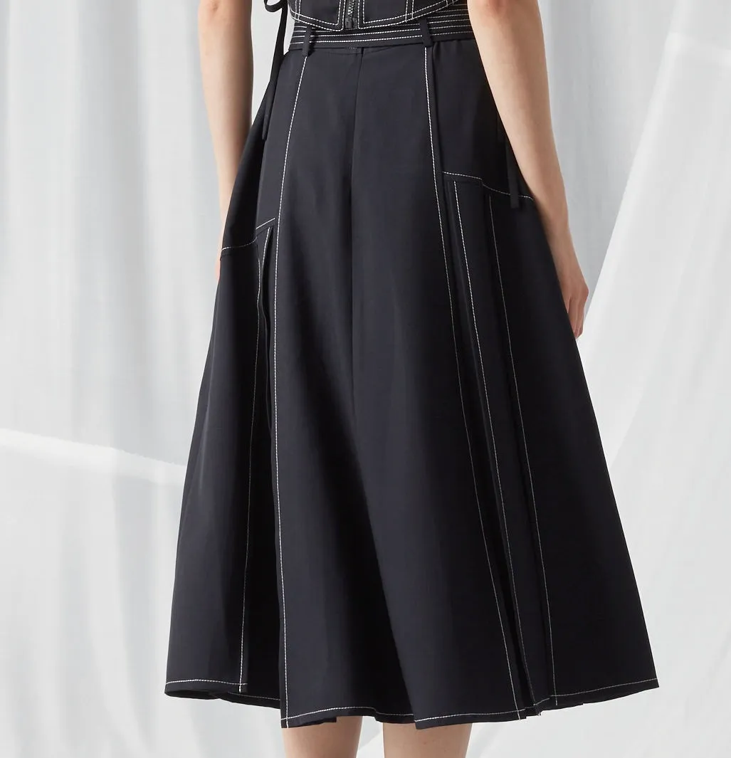 Belted Contrast Stitch Maxi Skirt - NAVY BLUE