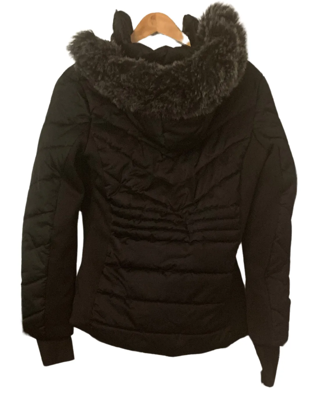 Black Puffer Coat with Faux Fur Hood; M