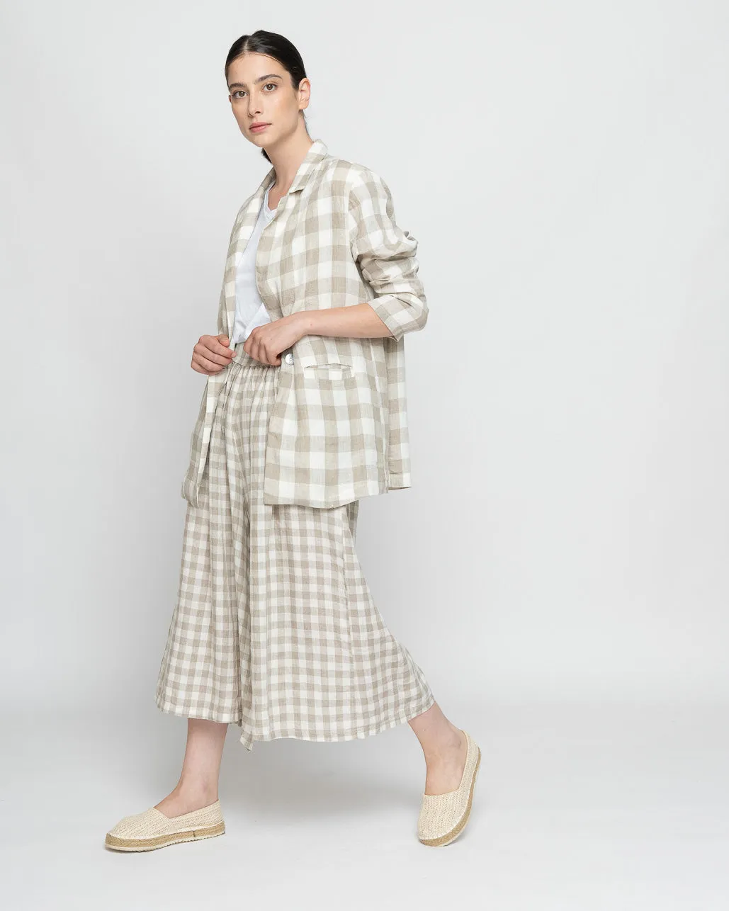 Checker Linen Elastic Waist Capri