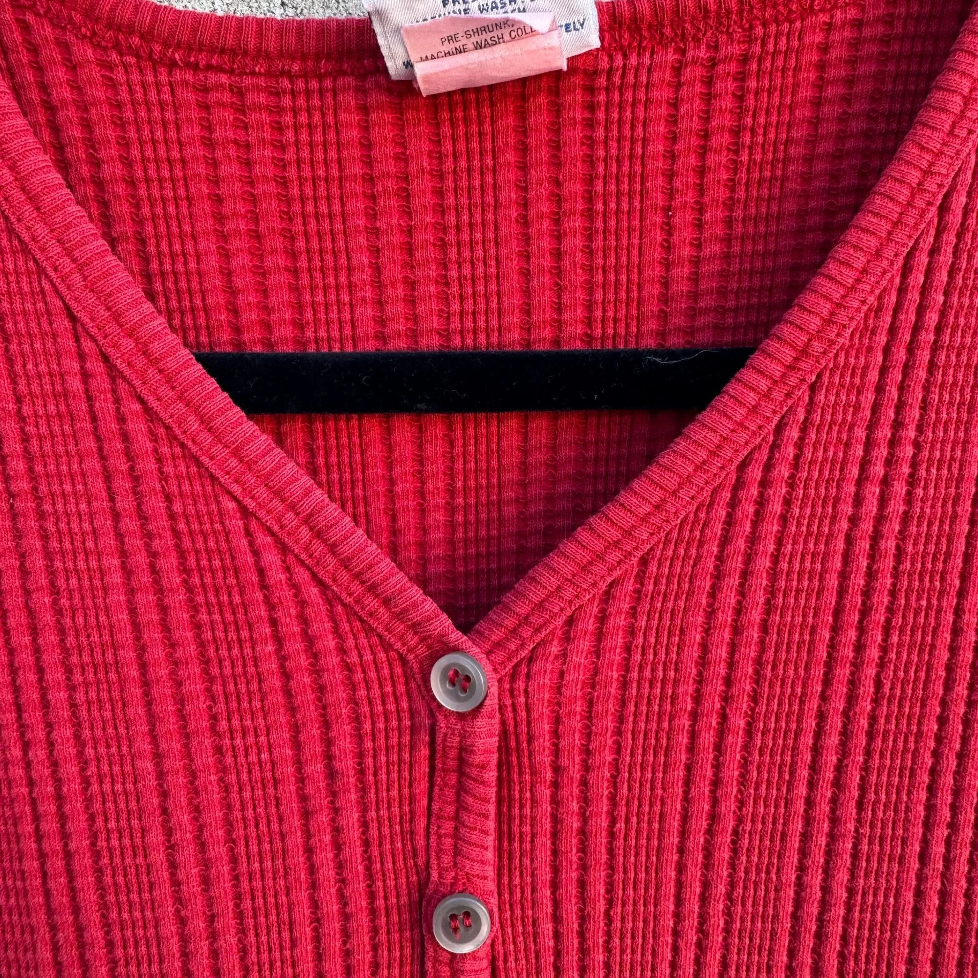 City Lights SF Vintage Red Waffle Knit Long Sleeve V Neck Thermal Henley Top L/XL