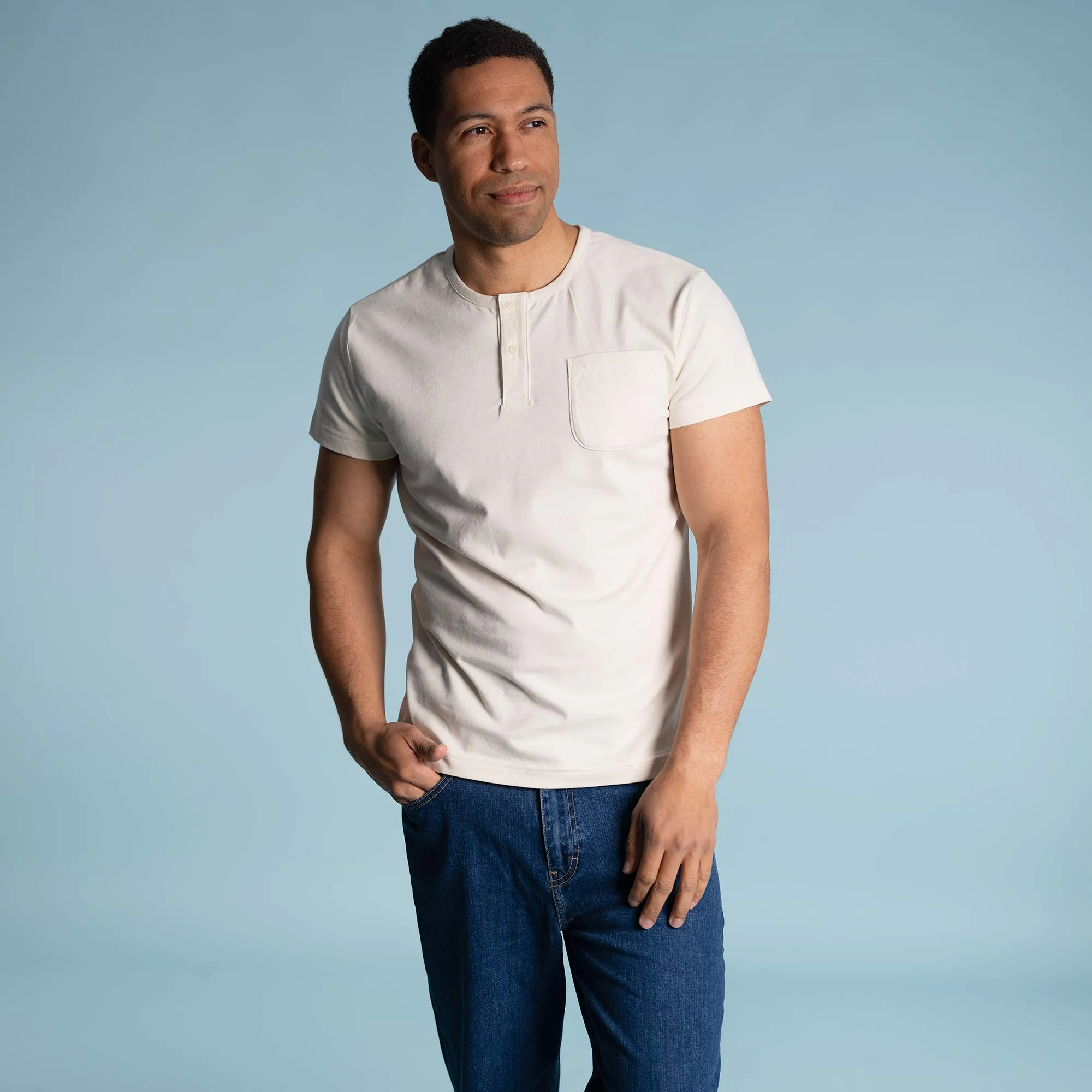 COLIN 100% Organic Prima Cotton Henley Pocket T-Shirt (Plastic-free Tagua Nut Buttons, 100% Biodegradable Option) (Unisex)