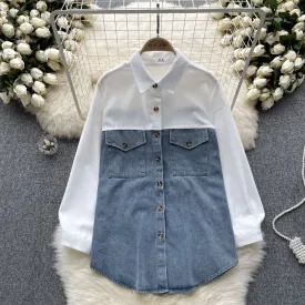 Color Blocking Denim Patchwork Shirt