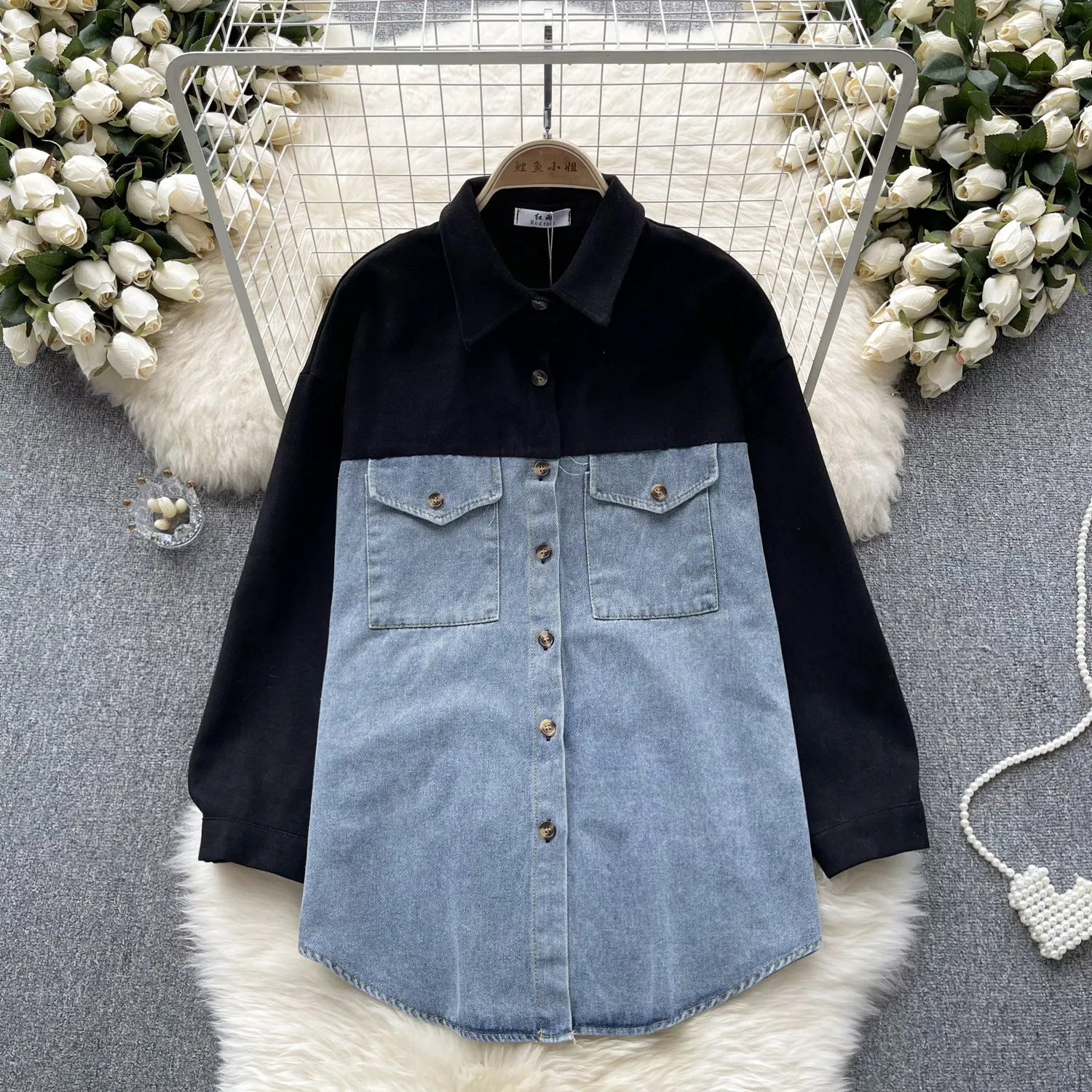 Color Blocking Denim Patchwork Shirt