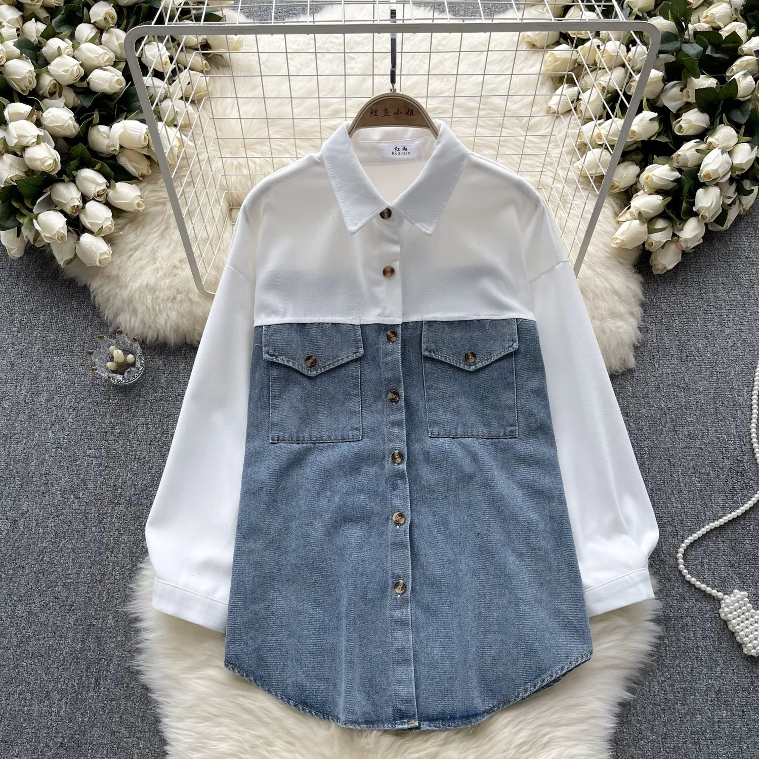 Color Blocking Denim Patchwork Shirt