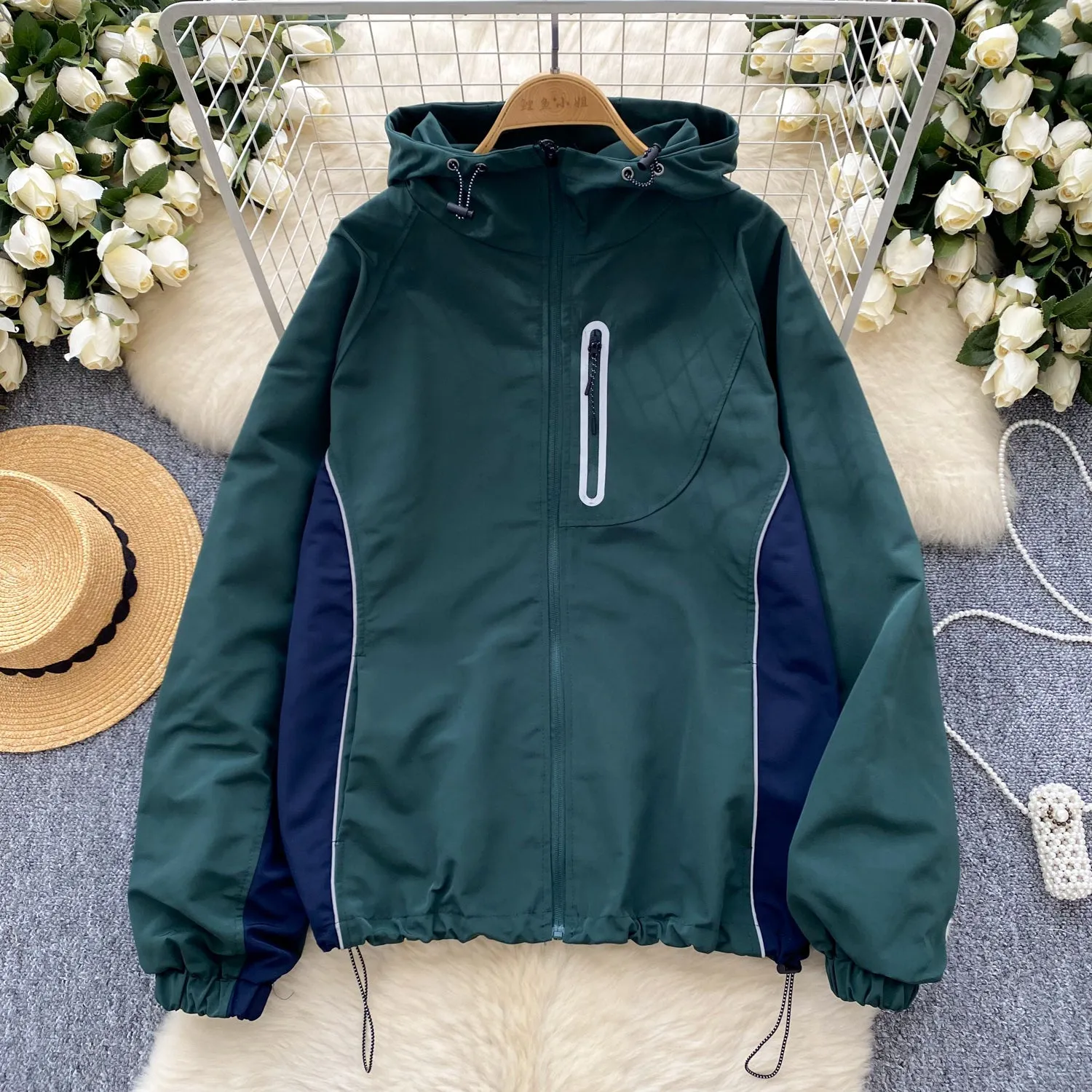 Color Blocking Drawstring Hooded Jacket