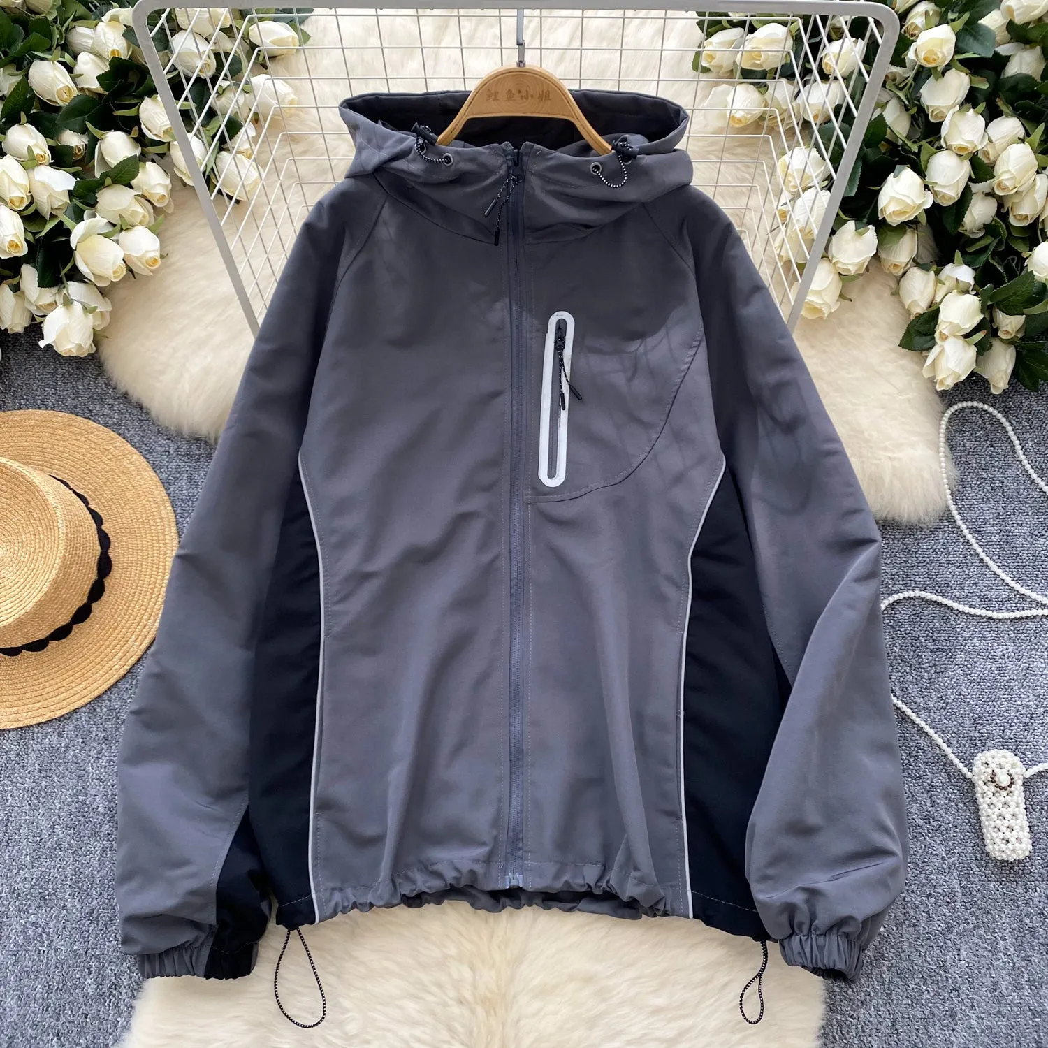 Color Blocking Drawstring Hooded Jacket