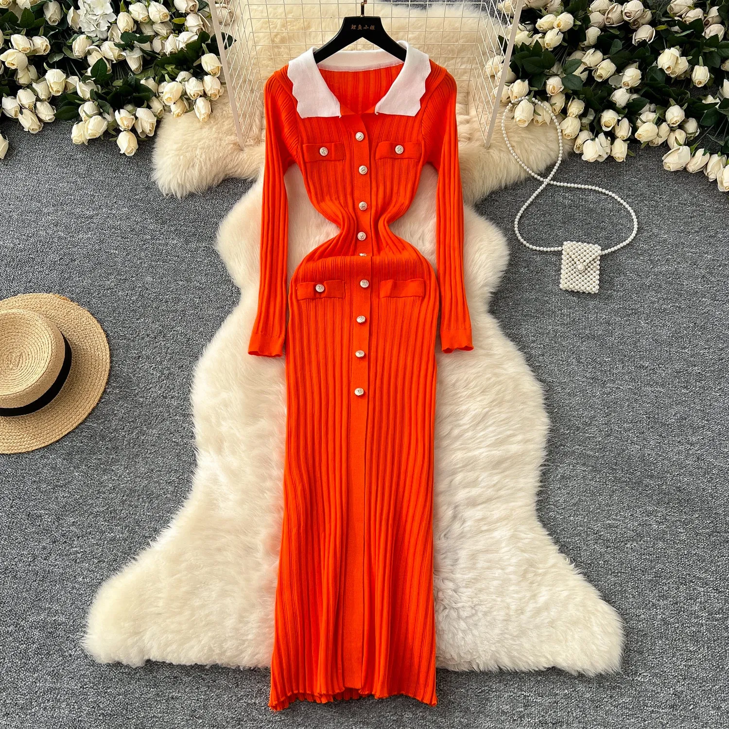 Color Blocking Lapeled Knitted Dress