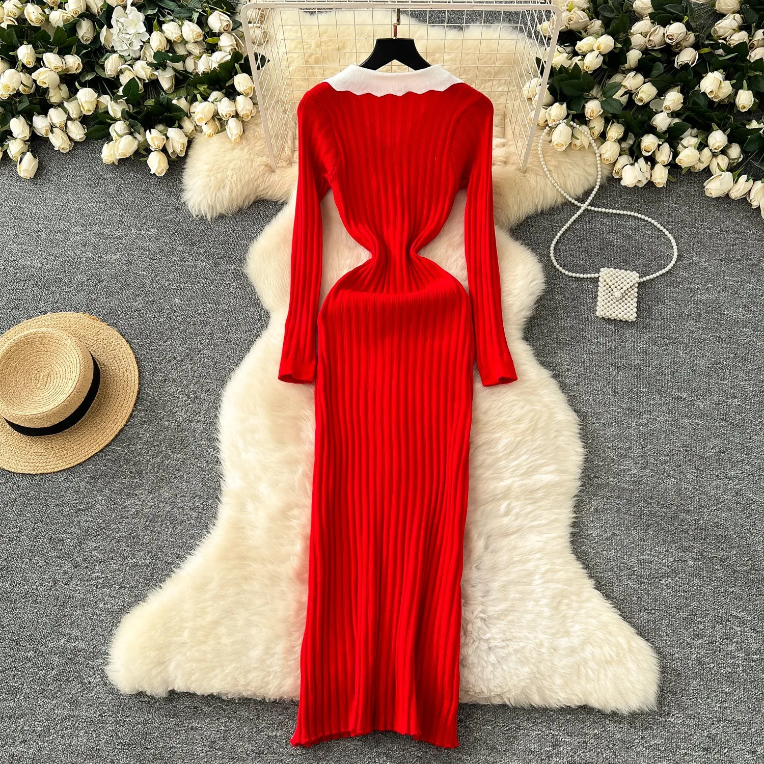 Color Blocking Lapeled Knitted Dress