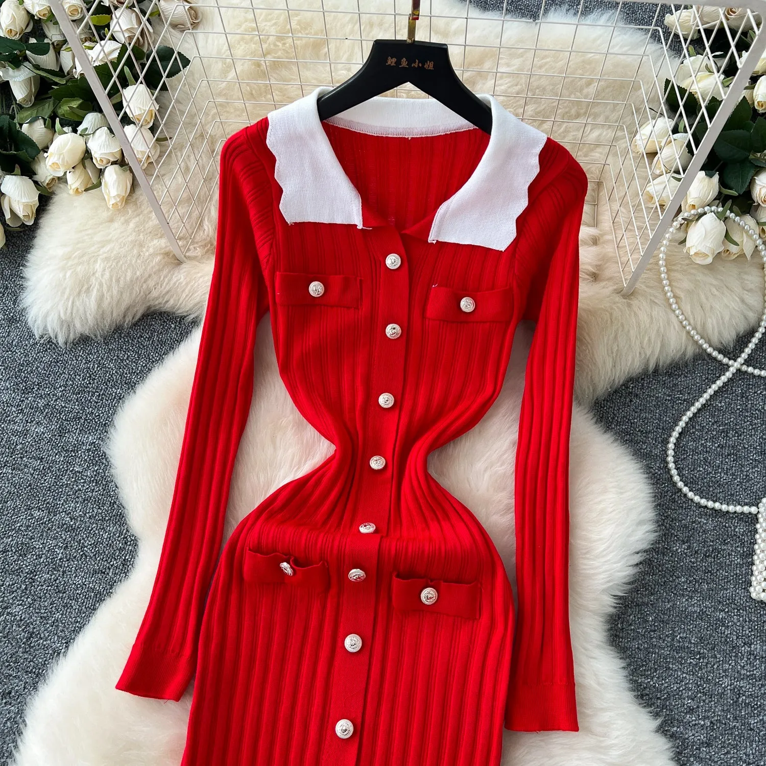 Color Blocking Lapeled Knitted Dress