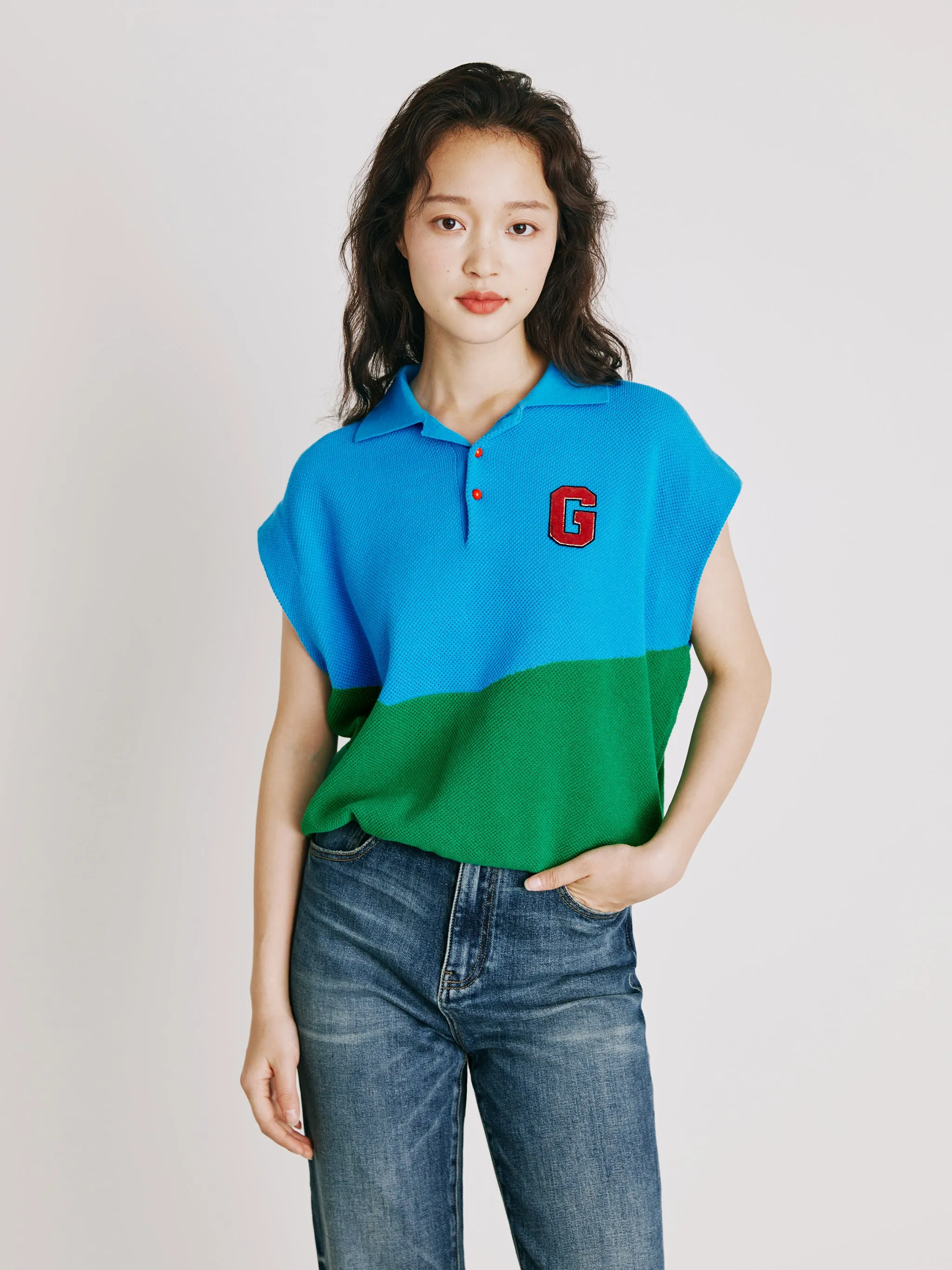 Color Blocking Polo Neck Pullover