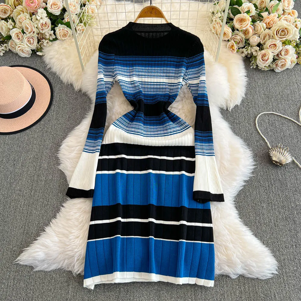 Color-blocking Striped Slim Knit Dress