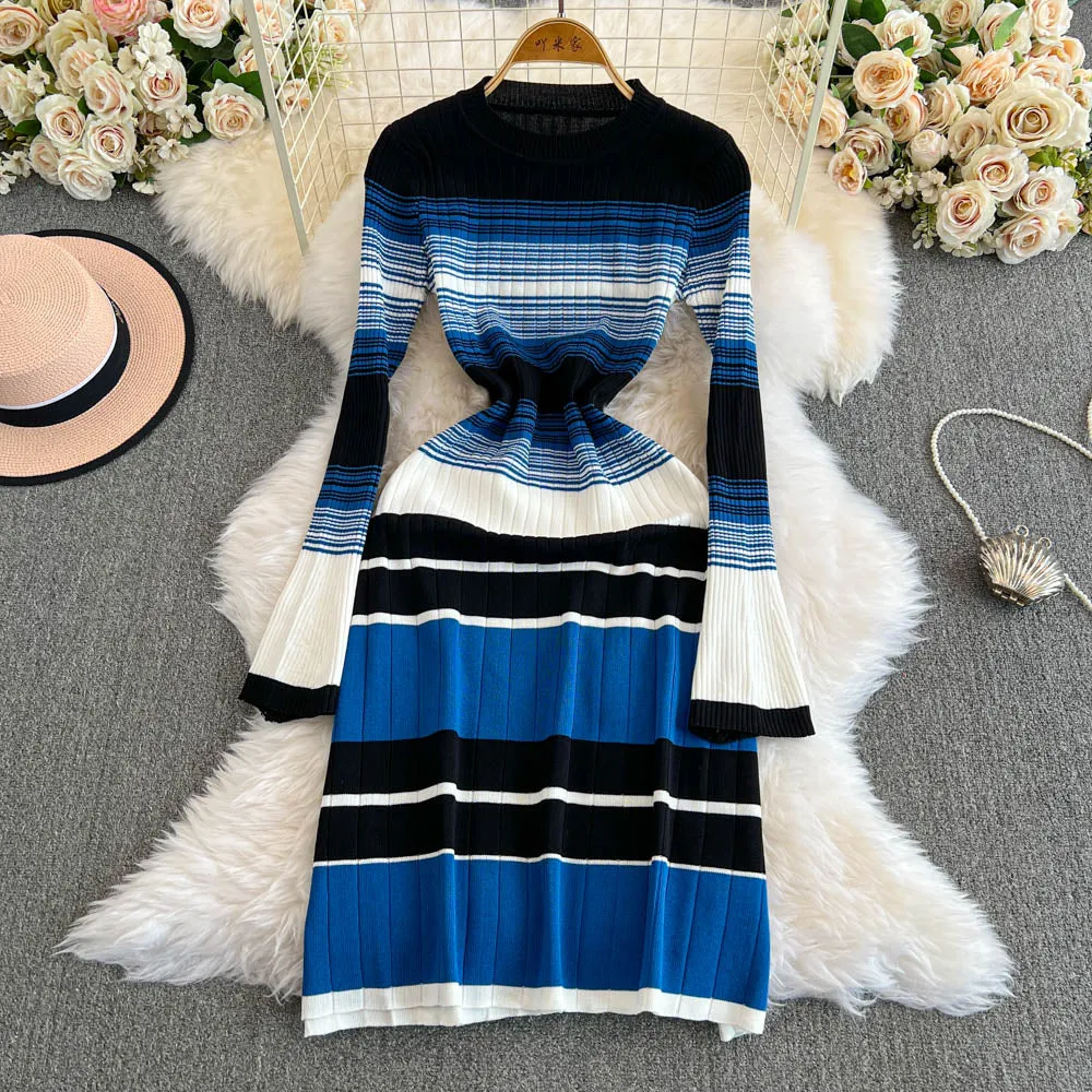 Color-blocking Striped Slim Knit Dress