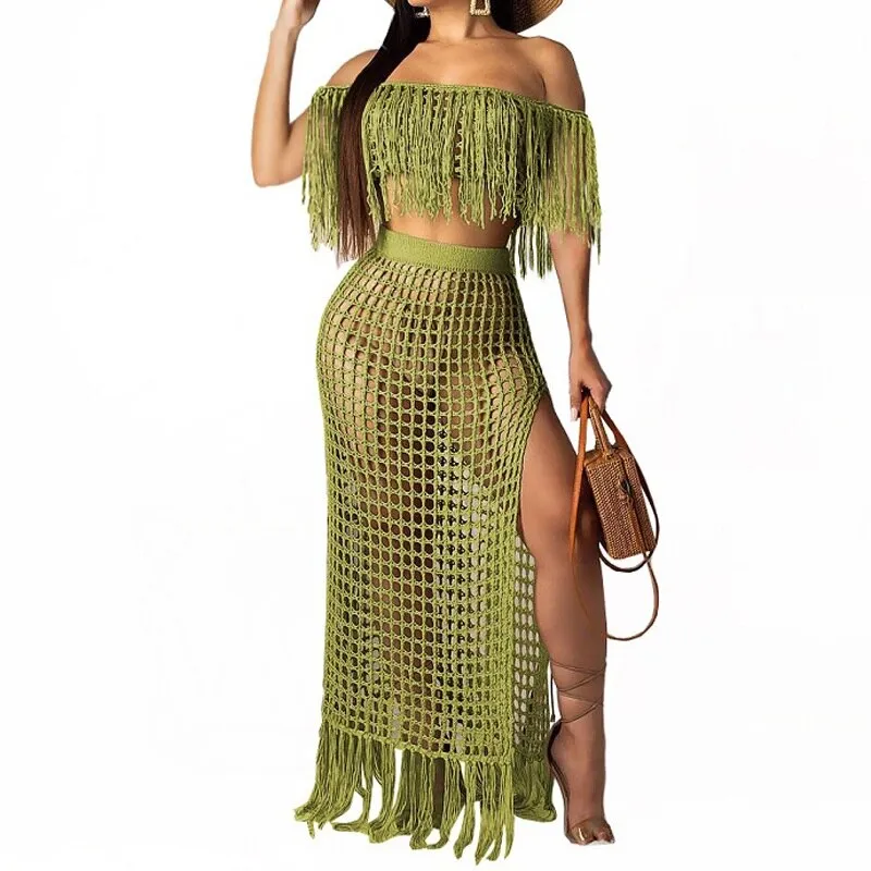 Crochet Fishnet Maxi Skirt Set 6 Different Colors You Choose Off The Shoulder Fringe Top Long Crocheted Skirt With Fringed Hem Available In Small Medium Large XL And Plus Sizes XXL 2X And XXXL 3X