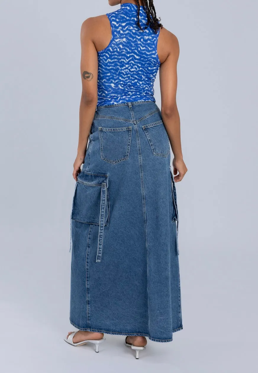 Denim Cargo Maxi Skirt