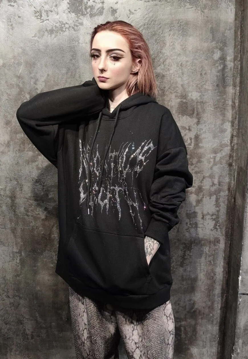 Diamante hoodie youth slogan crystal punk pullover in black