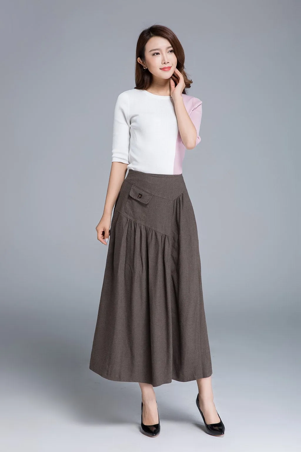 Elastic back band Linen high waist irregular maxi length skirt 1660