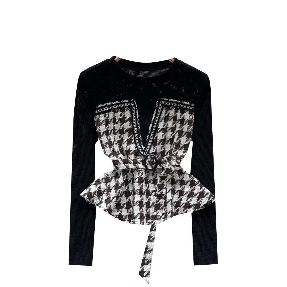 Elegant Houndstooth Color-blocking Top