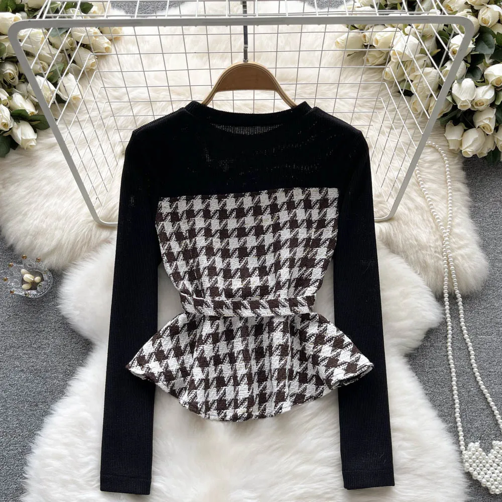 Elegant Houndstooth Color-blocking Top