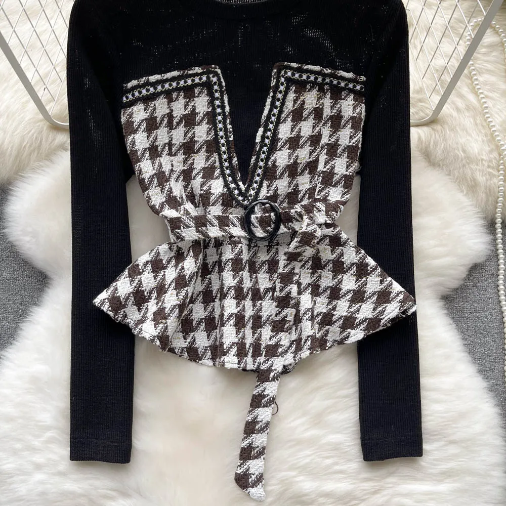 Elegant Houndstooth Color-blocking Top