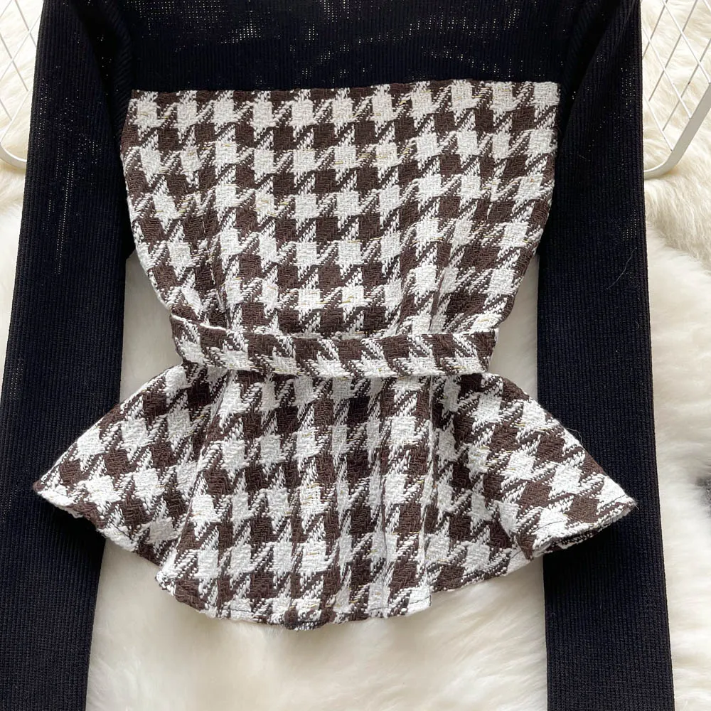 Elegant Houndstooth Color-blocking Top