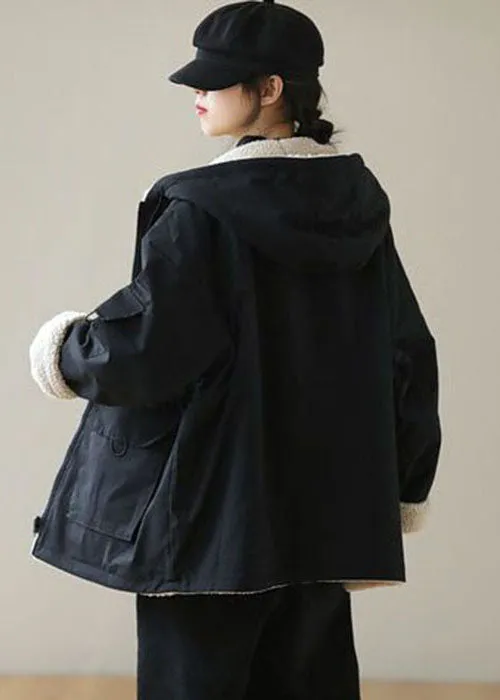 Fashion Black Zip Up Pockets Thick Fuzzy Wool Lined Cotton Hoodie Coat Winter