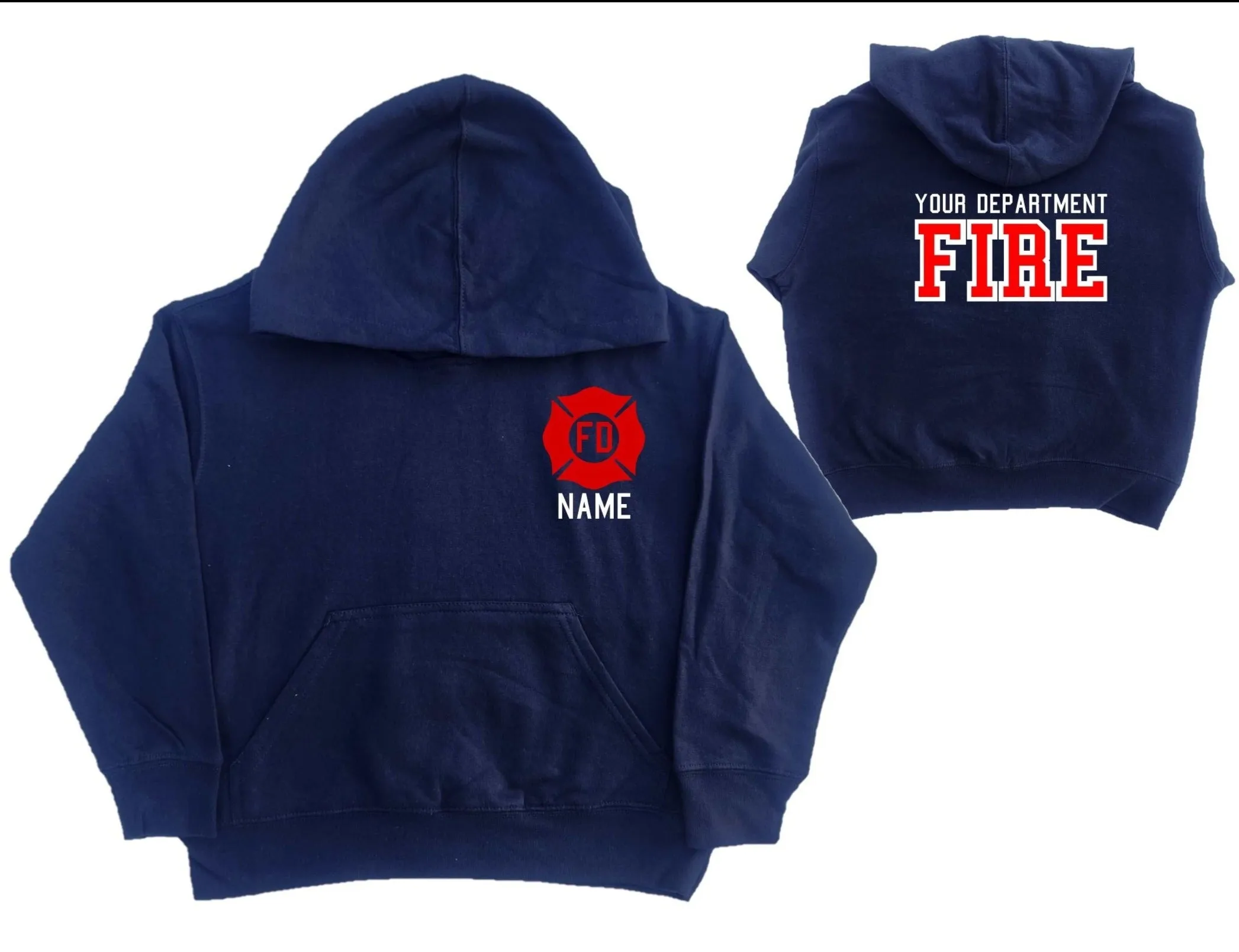 Firefighter YOUTH Personalized Navy Hoodie with RED Maltese Cross