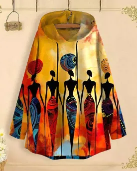 Gorgeous Ethnic Prints Long-Sleeved with Loose Hem Hoodie