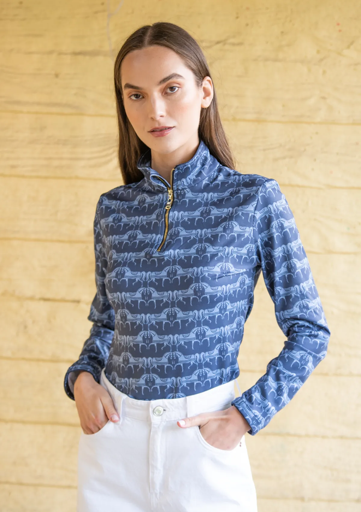 Harmony Quarter Zip Steed Print - Long Sleeve | Sapphire