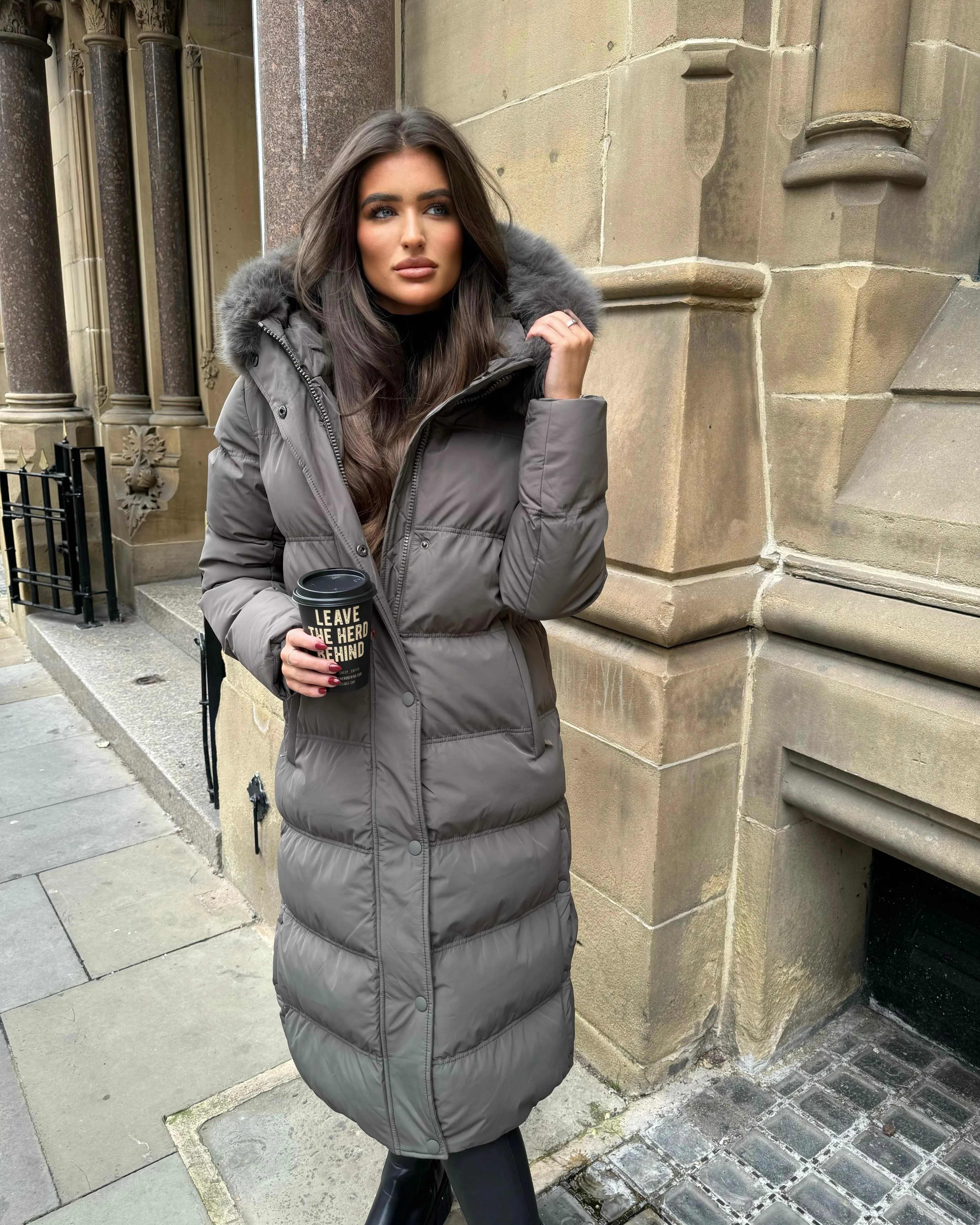 Keke Long Quilted Faux Fur Hood Coat- Grey