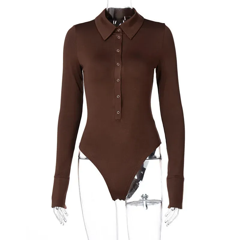 Long Sleeve Buttons Contrast Collar Flare Sleeve White Bodysuit