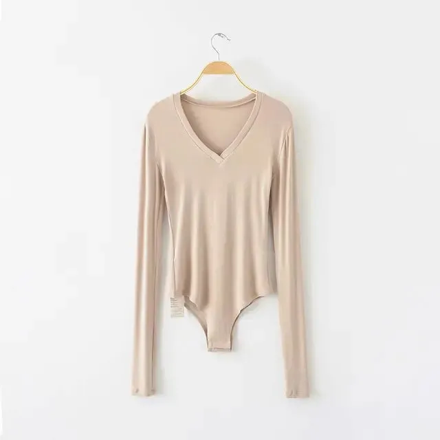 Long Sleeve Deep V-Neck Bodysuit  Knitted Bodycon