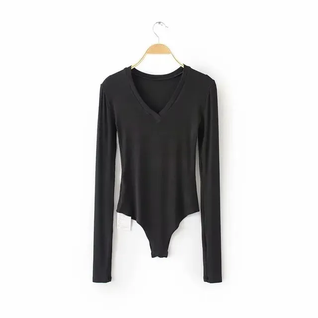 Long Sleeve Deep V-Neck Bodysuit  Knitted Bodycon