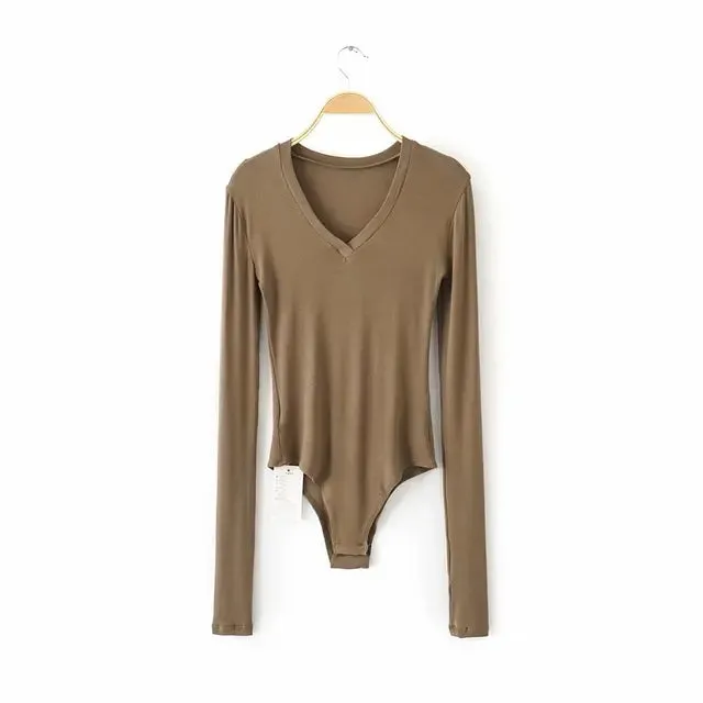 Long Sleeve Deep V-Neck Bodysuit  Knitted Bodycon