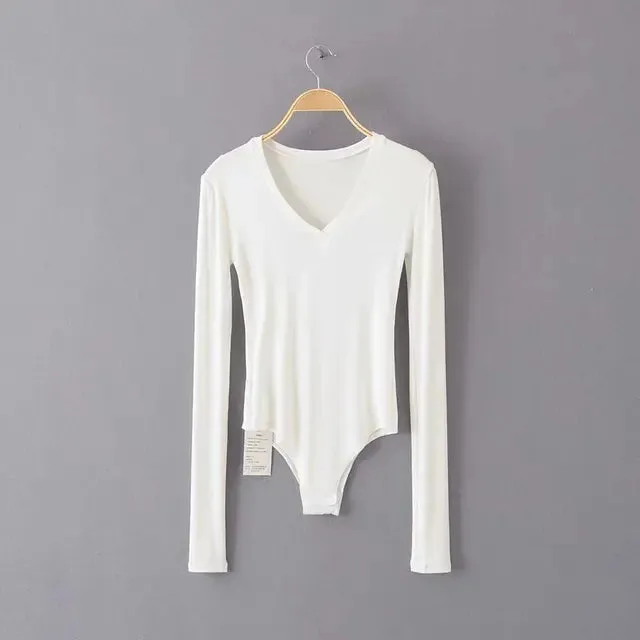 Long Sleeve Deep V-Neck White Bodysuit  Knitted Bodycon