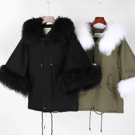 MAOMAOKONG natural wool oversized fur collar trumpet sleeve cotton loose coat Women's jacket