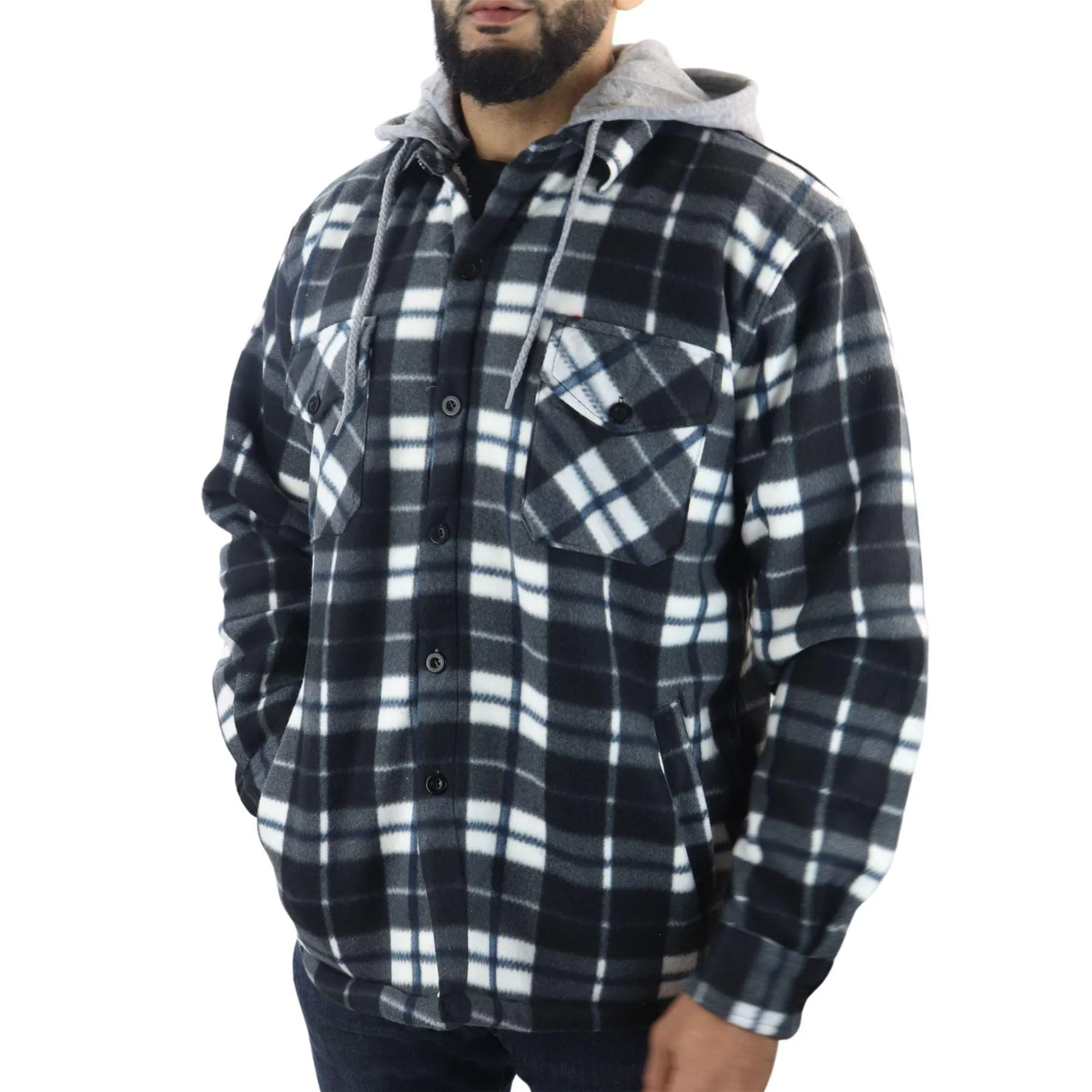 Men's Jumper Thermal Fleece Fur Lined Lumberjack Removable Hooded Buttoned Check Winter Shirt