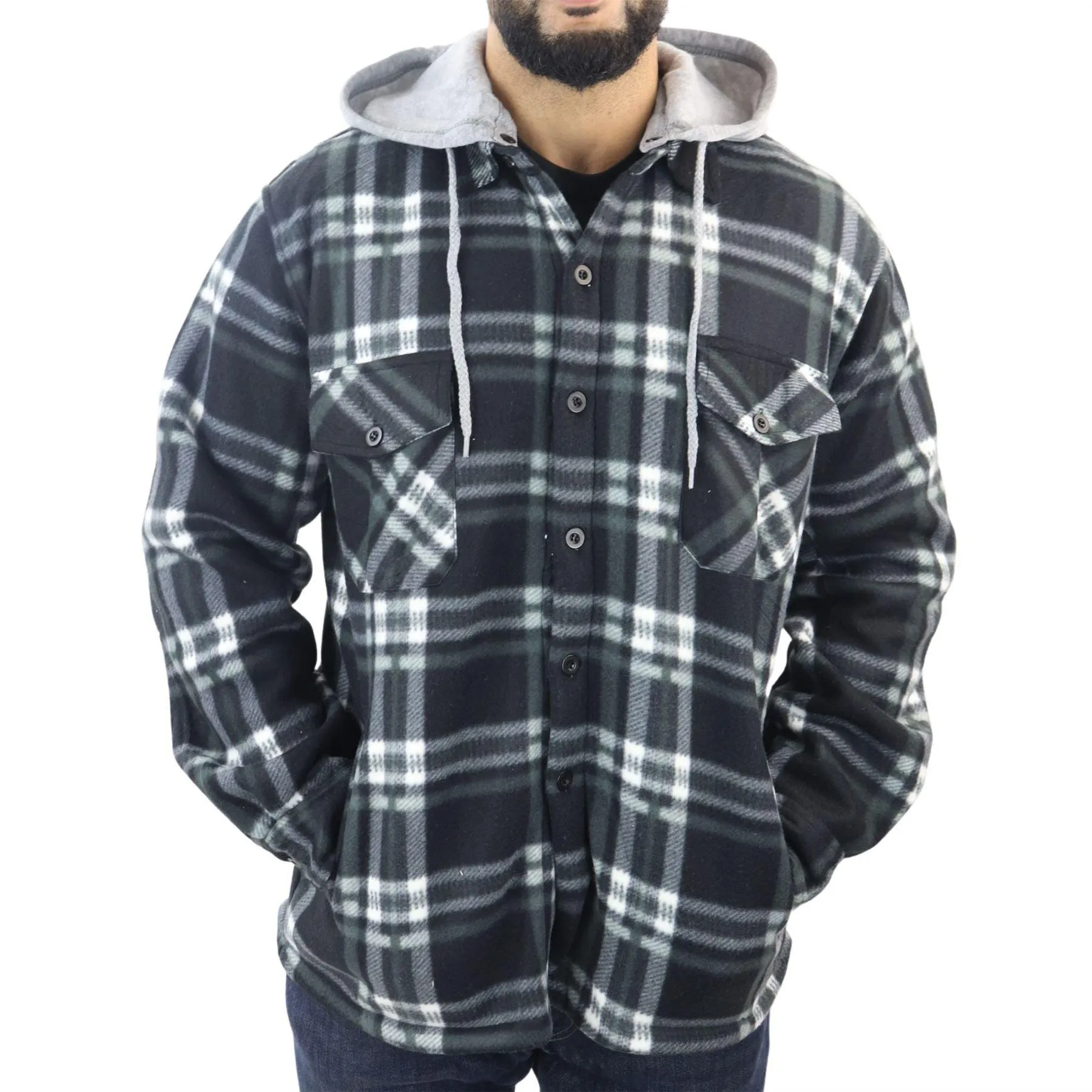 Men's Jumper Thermal Fleece Fur Lined Lumberjack Removable Hooded Buttoned Check Winter Shirt