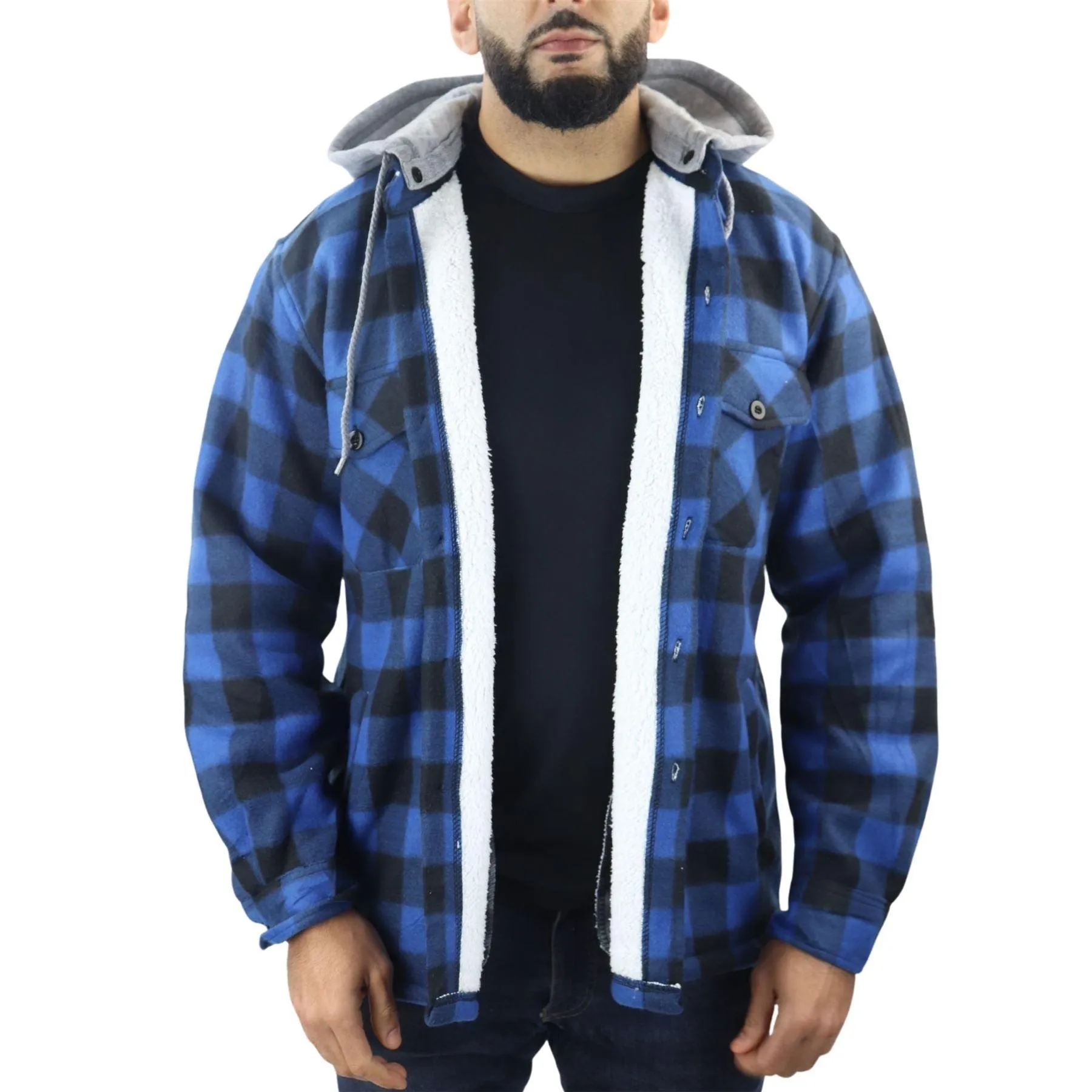 Men's Jumper Thermal Fleece Fur Lined Lumberjack Removable Hooded Buttoned Check Winter Shirt