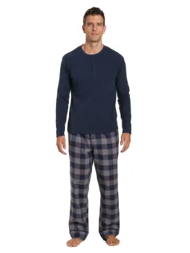 Mens Premium 100% Cotton Flannel Lounge Set - Gingham Checks - Charcoal-Navy