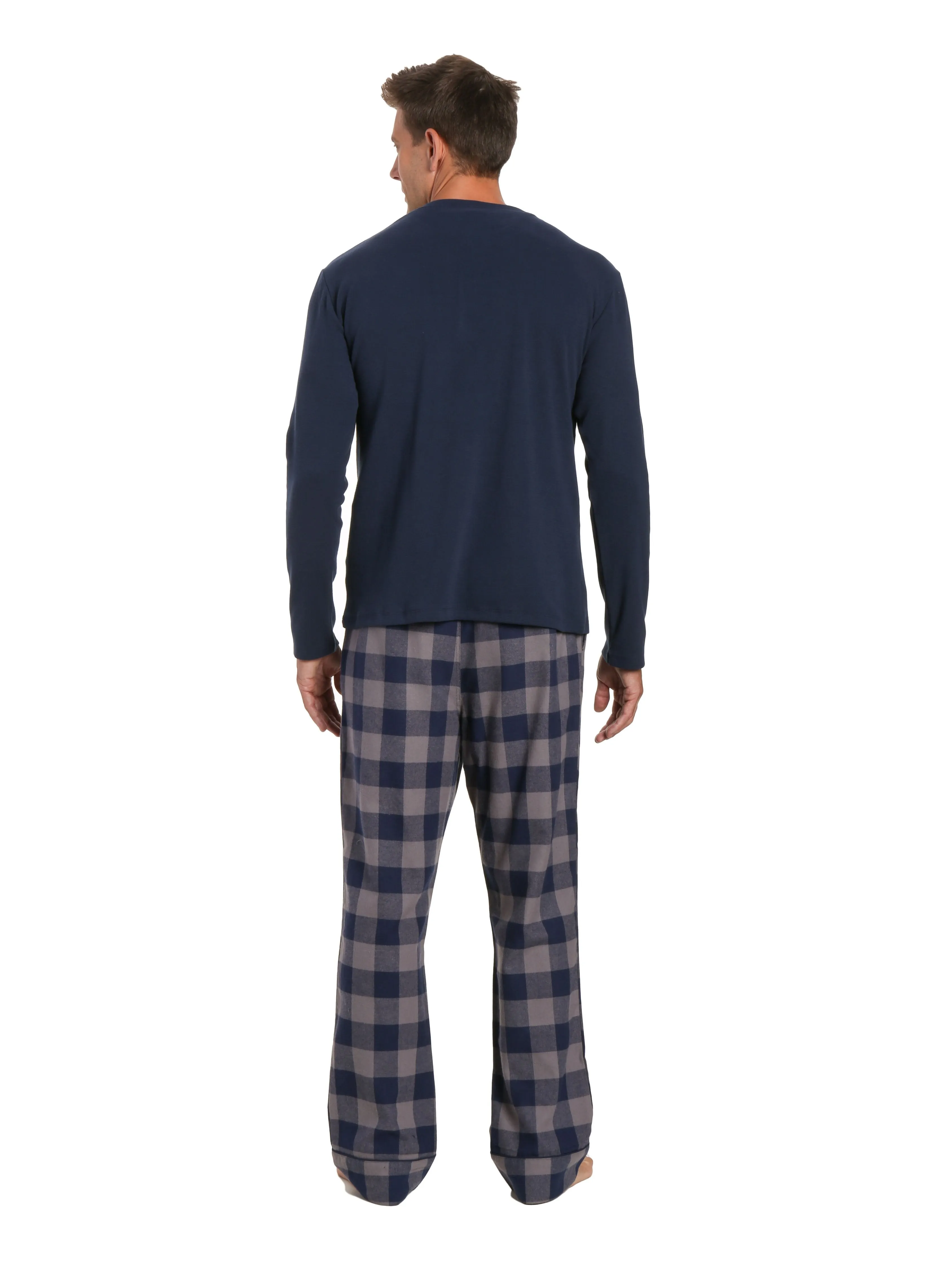 Mens Premium 100% Cotton Flannel Lounge Set - Gingham Checks - Charcoal-Navy