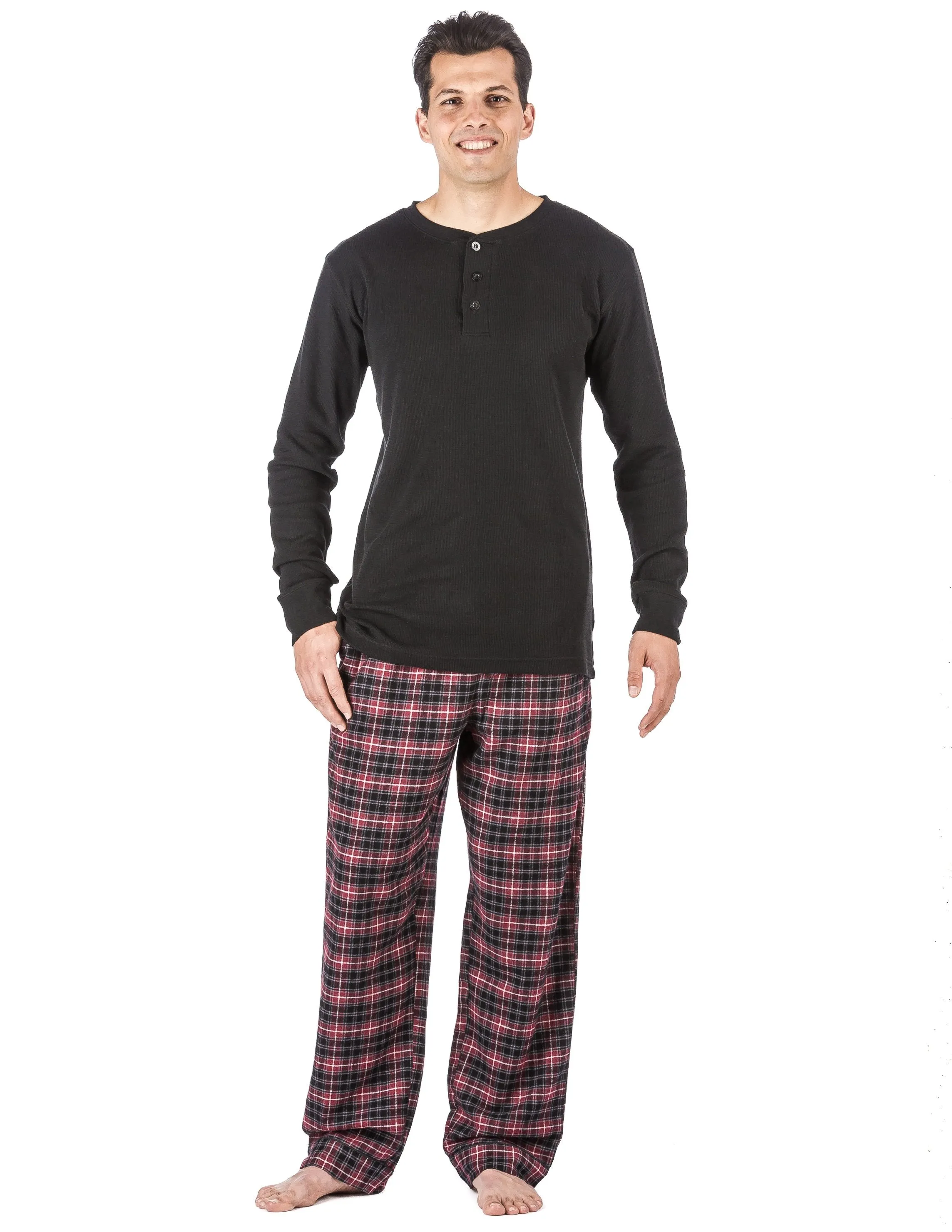 Mens Premium 100% Cotton Flannel Lounge Set - Plaid Burgundy/Grey