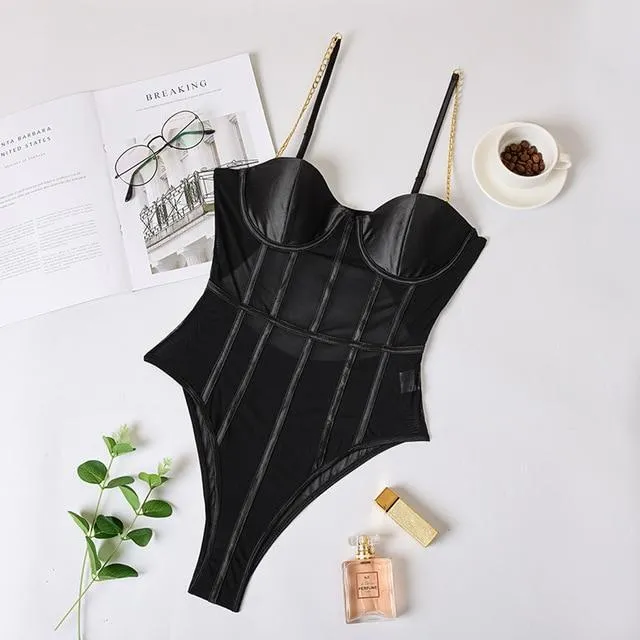 Mesh Transparent Bodysuit Metal Chain Straps Backless