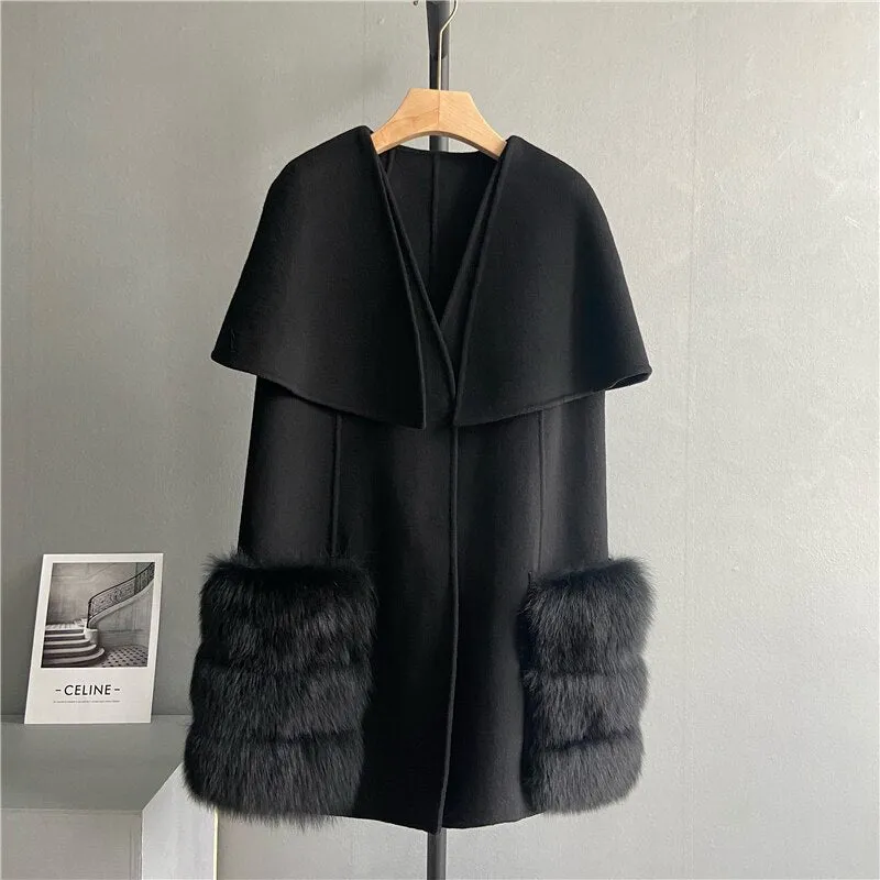 New 2023 Fall Winter Coats Luxury Women Real Lamb Wool Cashmere Fur Vest Waistcoat Stylish Long Real Fox Fur Jackets Cloak Coats