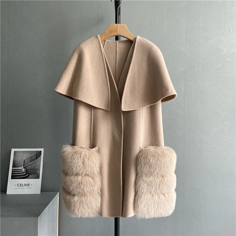 New 2023 Fall Winter Coats Luxury Women Real Lamb Wool Cashmere Fur Vest Waistcoat Stylish Long Real Fox Fur Jackets Cloak Coats