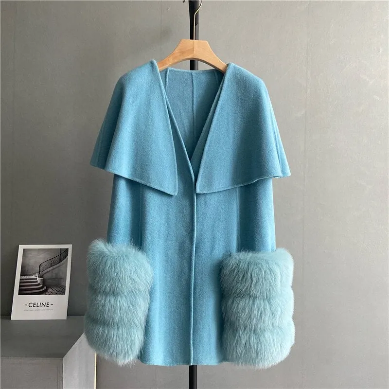 New 2023 Fall Winter Coats Luxury Women Real Lamb Wool Cashmere Fur Vest Waistcoat Stylish Long Real Fox Fur Jackets Cloak Coats