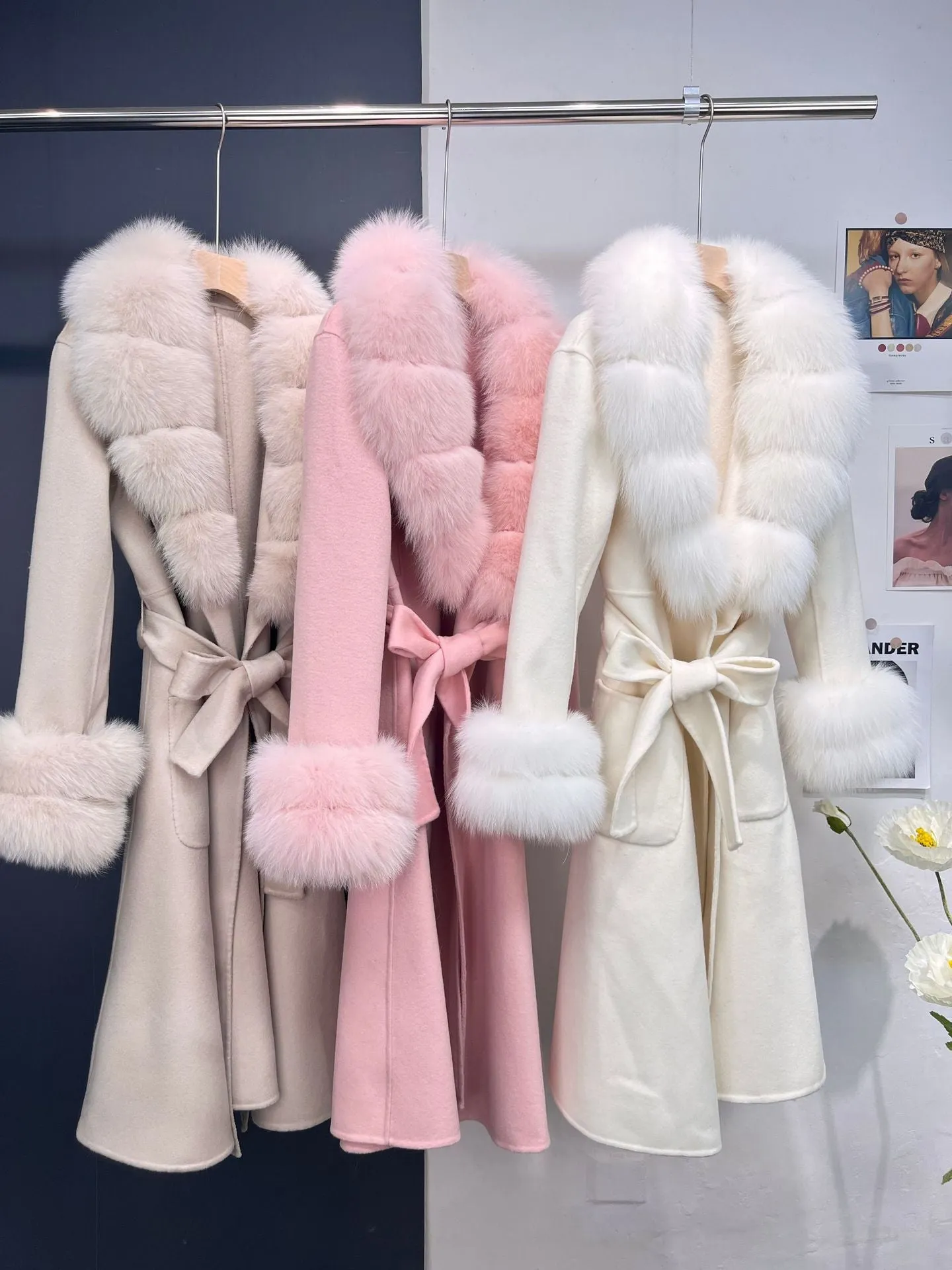 New X-long Cashmere Wool Blends Women Real Fur Coat Jacket Female Lady Wool Blends Fox Fur Collar Coats Jackets Long Trench