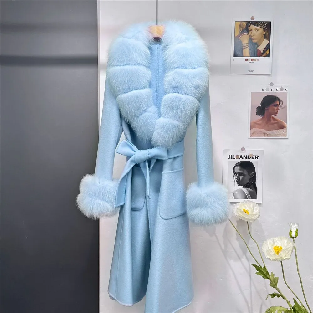 New X-long Cashmere Wool Blends Women Real Fur Coat Jacket Female Lady Wool Blends Fox Fur Collar Coats Jackets Long Trench