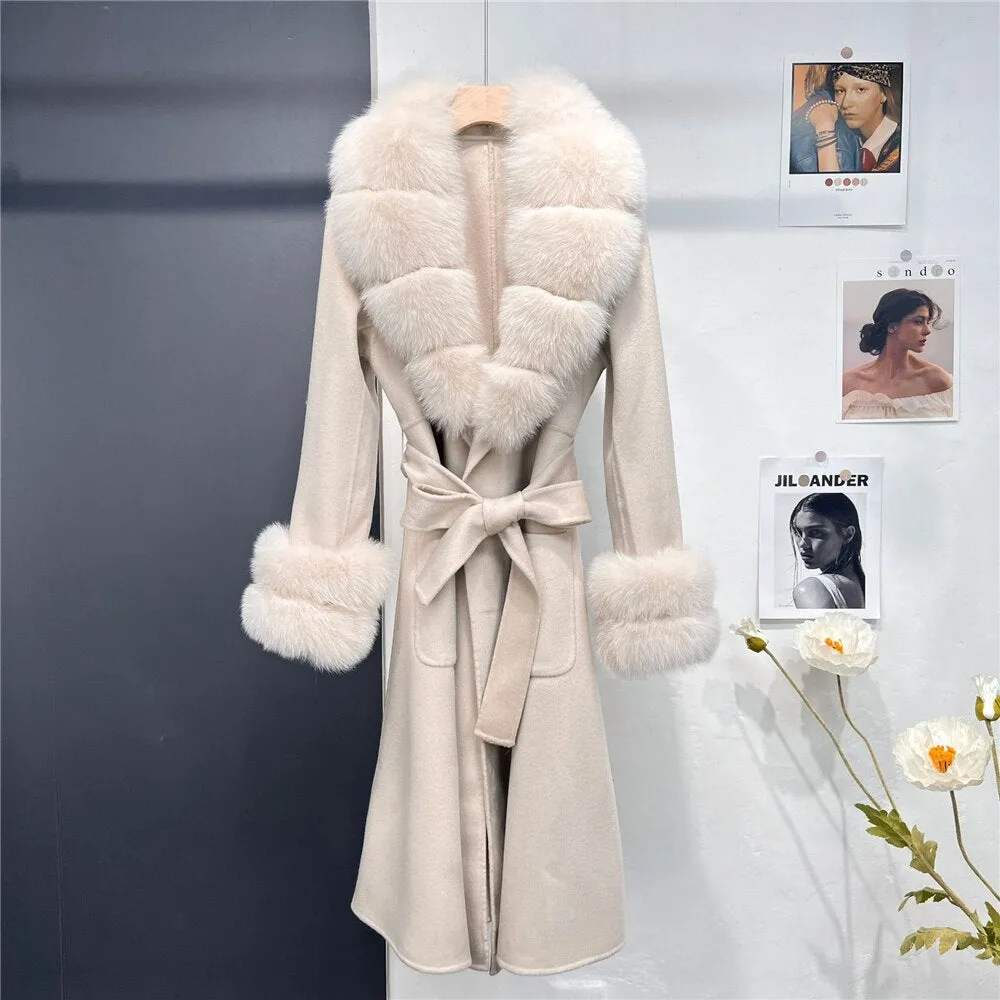 New X-long Cashmere Wool Blends Women Real Fur Coat Jacket Female Lady Wool Blends Fox Fur Collar Coats Jackets Long Trench