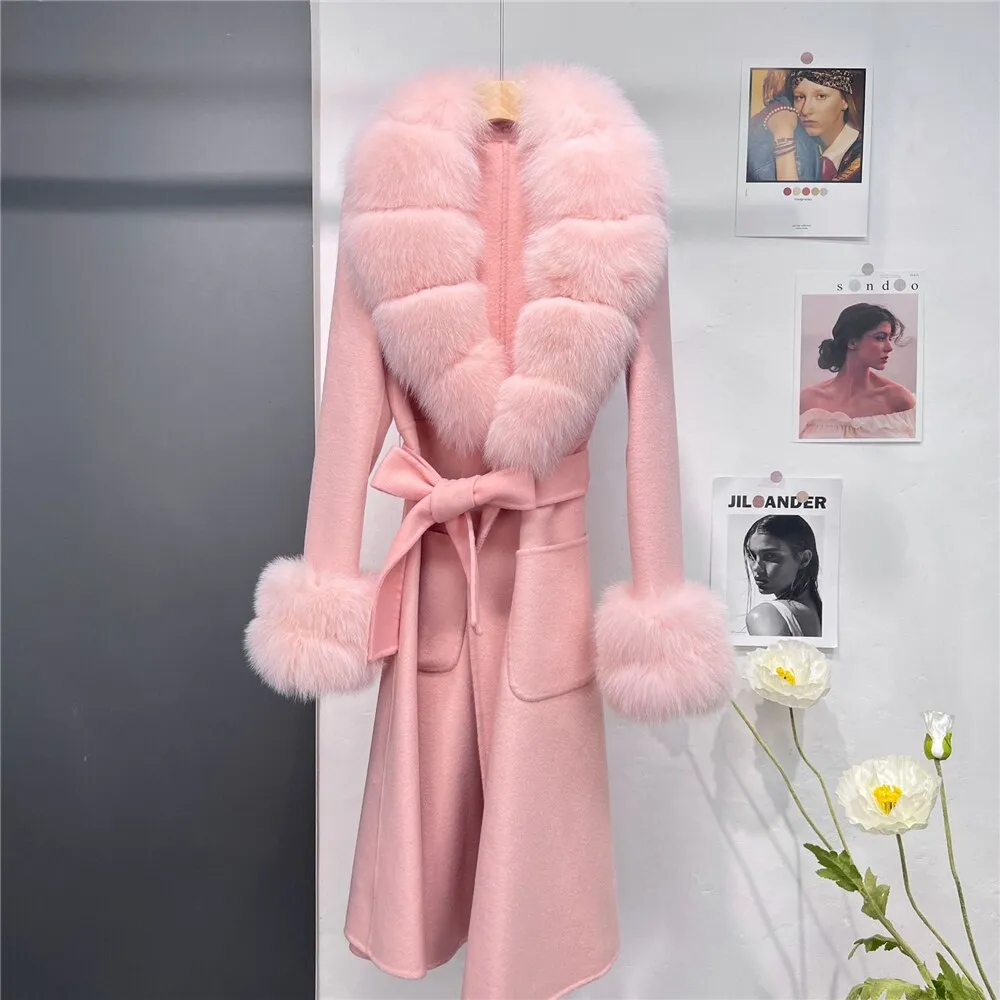 New X-long Cashmere Wool Blends Women Real Fur Coat Jacket Female Lady Wool Blends Fox Fur Collar Coats Jackets Long Trench