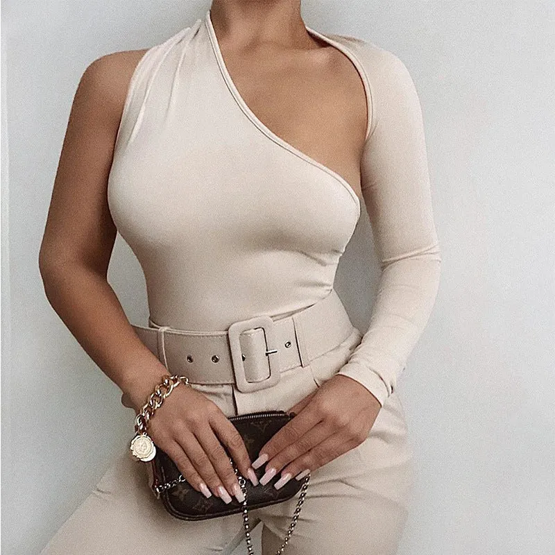 One Shoulder Long Sleeve Bodysuit Slim-Fit White